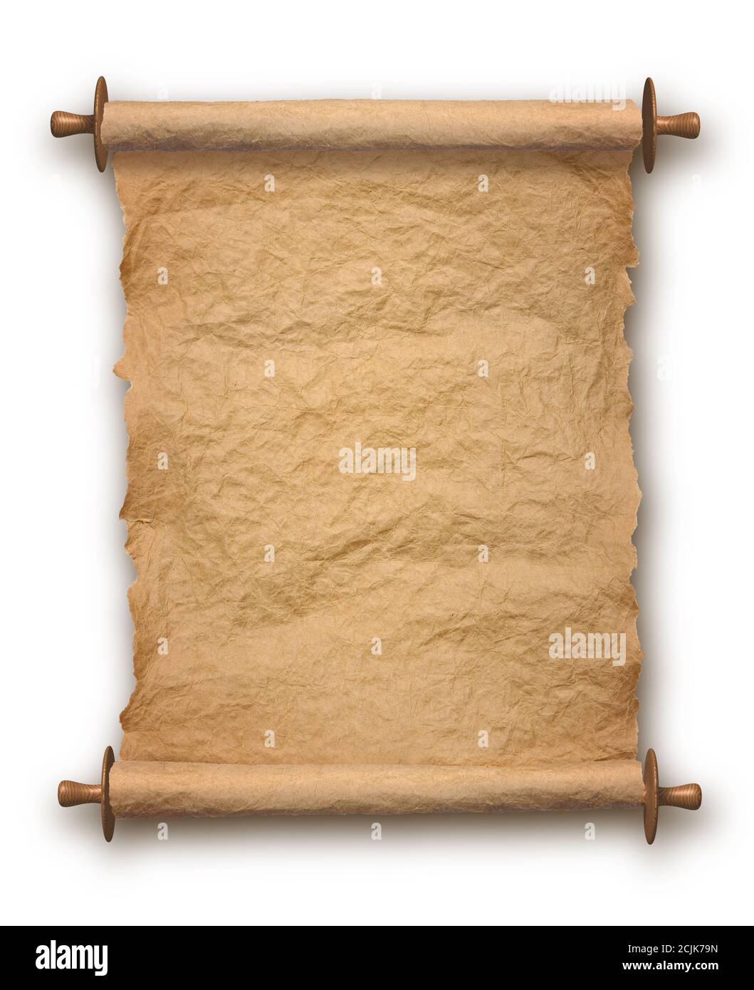 Old rolled blank parchment paper roll vertical on white background, with  drop shadow Stock Photo - Alamy