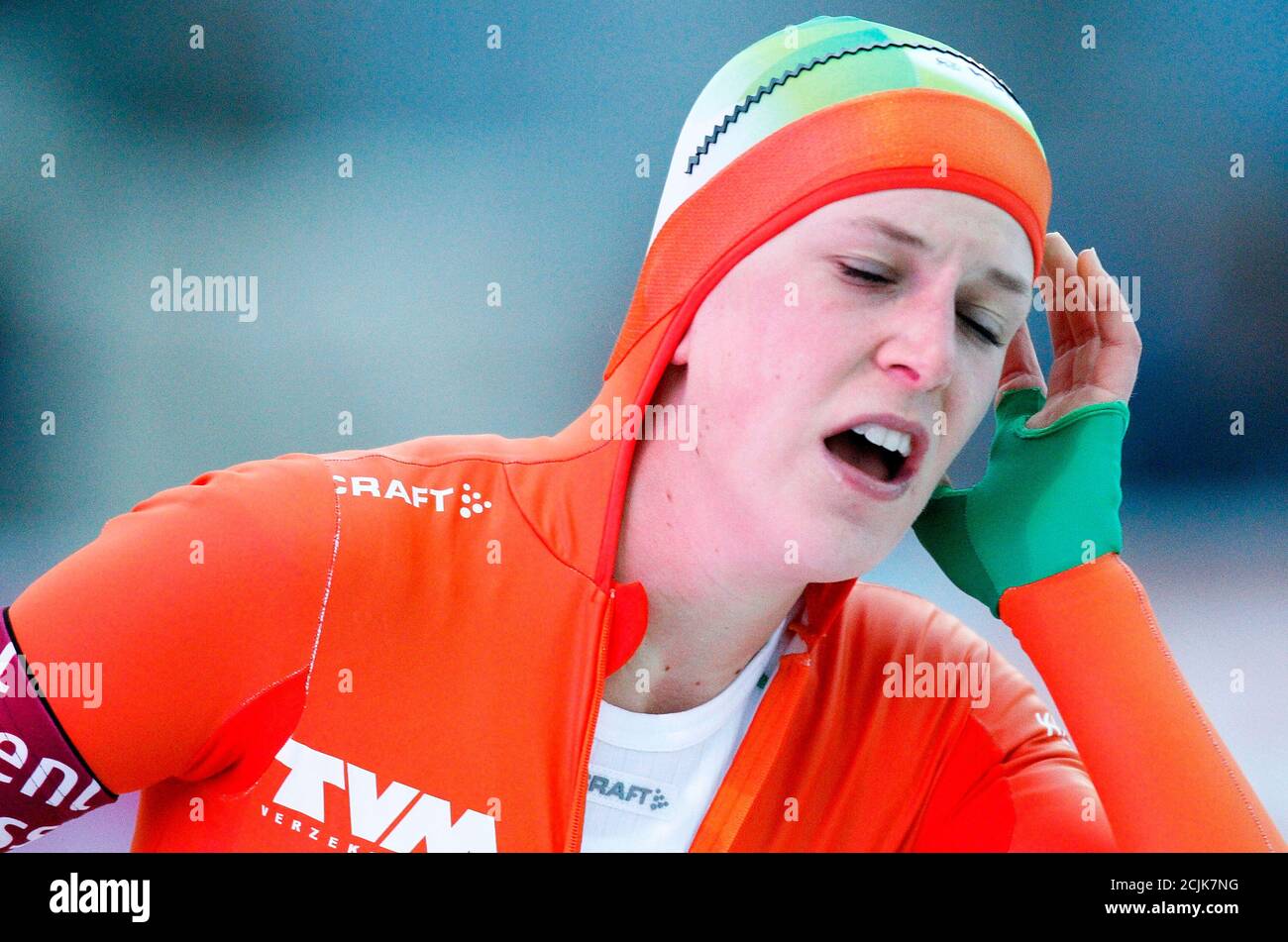 Ireen Wust of The Netherlands reacts