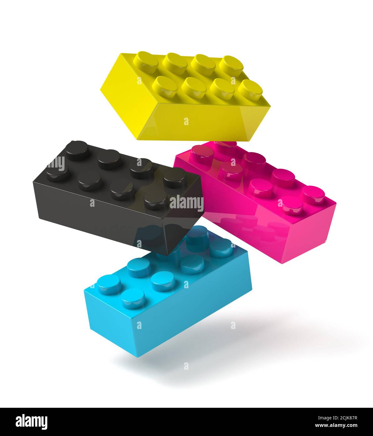 3D toy building blocks of four printing process cmyk colors cyan magenta yellow black flying in mid-air Stock Photo