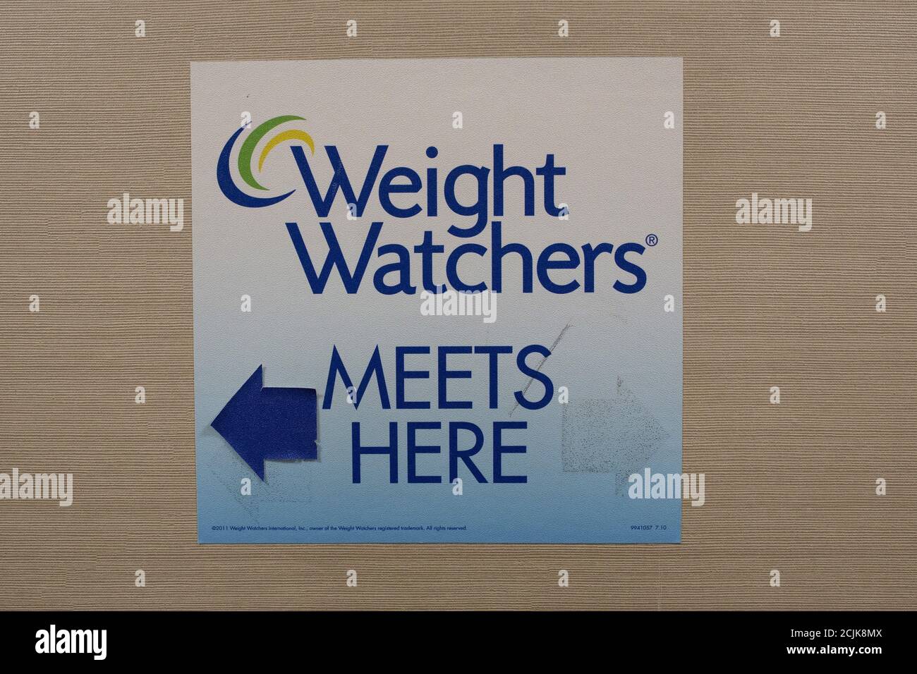 A sign for Weight Watchers is displayed at  office in lower Manhattan, New York October 19, 2015. Oprah Winfrey will buy a 10 percent stake in Weight Watchers International Inc, adding her celebrity and consumer appeal to a diet brand that has been shedding subscribers. REUTERS/Brendan McDermid Stock Photo