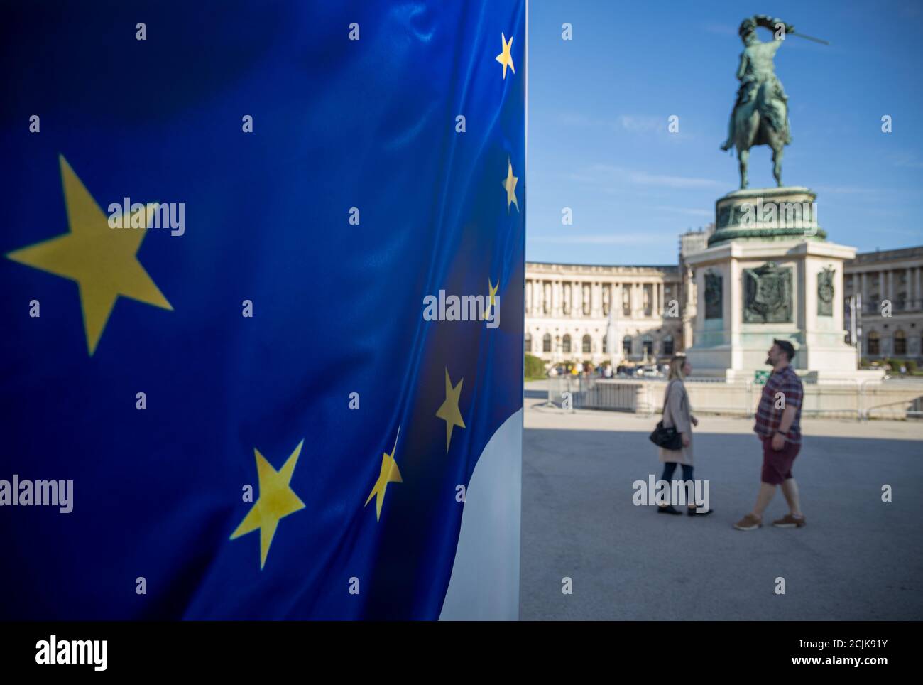 An exhibition in Heldenplatz 'The End of a Divided Europe', with the statue of Franz Joseph and the Hofburg, Vienna, Austria Stock Photo