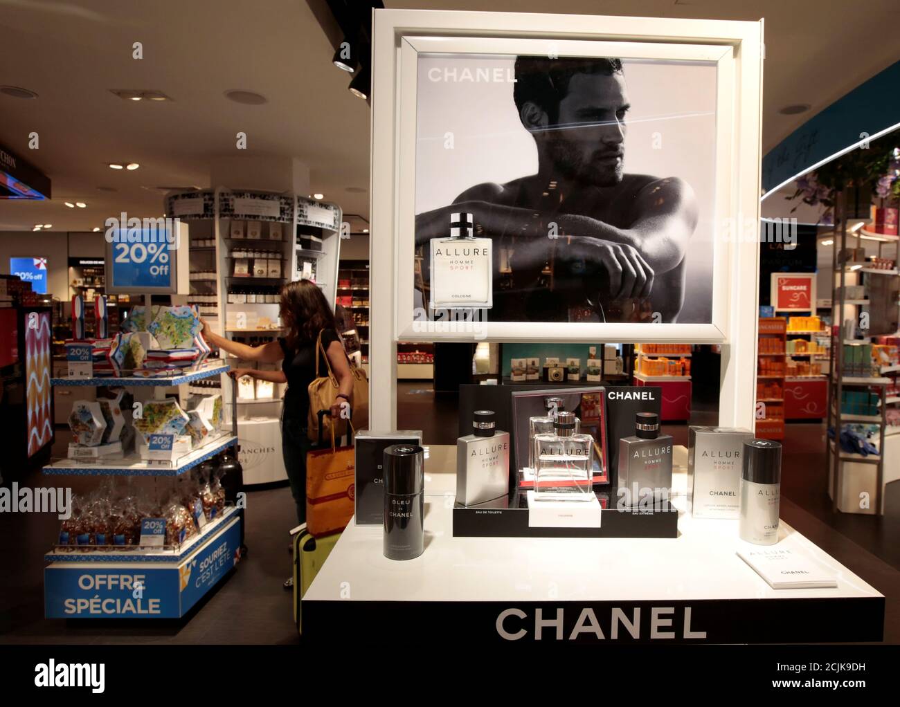 The logo of French luxury brand Chanel is seen on a sales counter in the  duty free during the inauguration of the commercial zone at the Nice  international airport Terminal 1 in