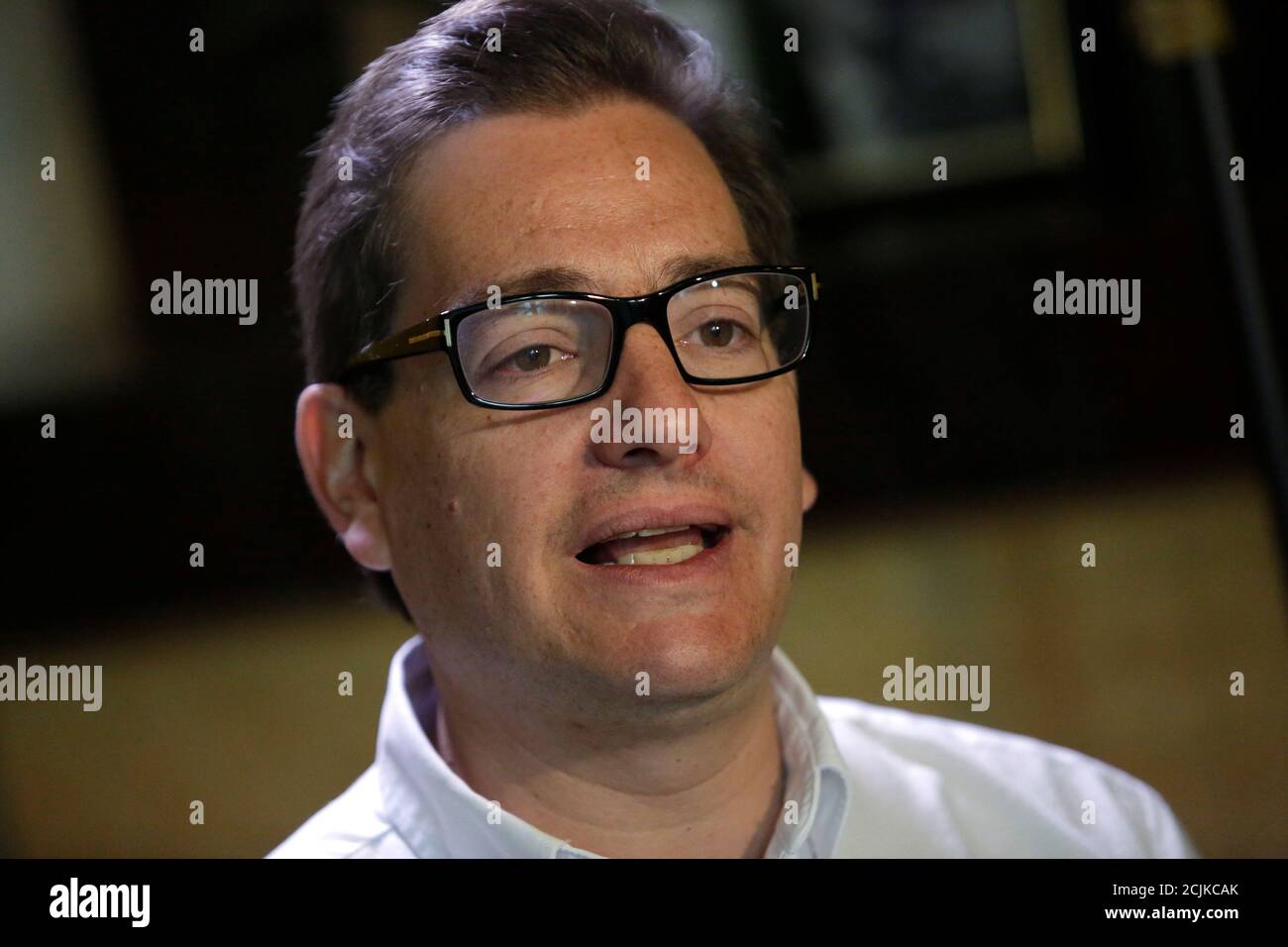 Salomon Chertorivski, who is seeking the nomination of the Party of the  Democratic Revolution (PRD) for the post of mayor of Mexico City, gestures  during an interview with Reuters in Mexico City,