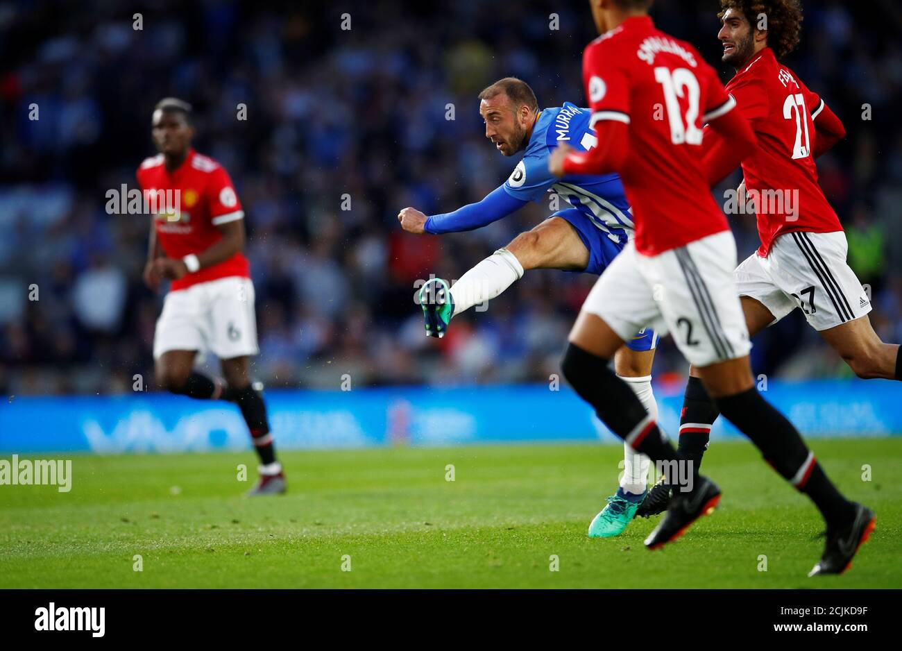Soccer Football - Premier League - Brighton & Hove Albion v Manchester United - The American Express Community Stadium, Brighton, Britain - May 4, 2018   Brighton's Glenn Murray shoots at goal    REUTERS/Eddie Keogh    EDITORIAL USE ONLY. No use with unauthorized audio, video, data, fixture lists, club/league logos or 'live' services. Online in-match use limited to 75 images, no video emulation. No use in betting, games or single club/league/player publications.  Please contact your account representative for further details. Stock Photo