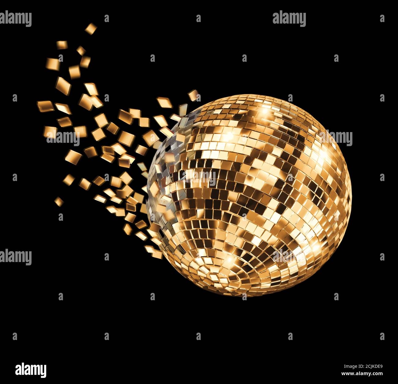 Vintage disco mirror ball breaking into golden flying glass fragments
