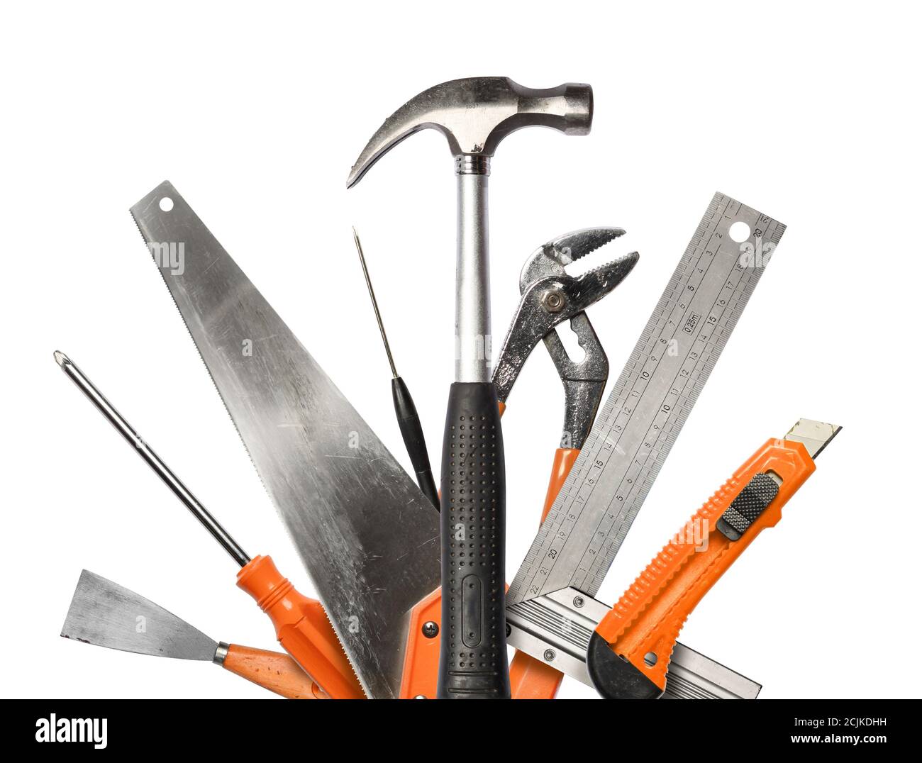 Realistic DIY hand tools with scratches, worn in work, isolated set on white background Stock Photo