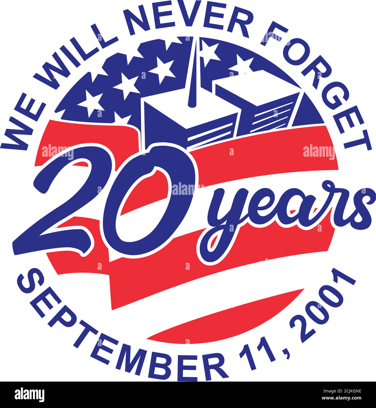 Retro style illustration of 9-11 Patriot Day memorial showing WTC building and American USA flag with words We will never forget September 11, 2001 20 Stock Vector