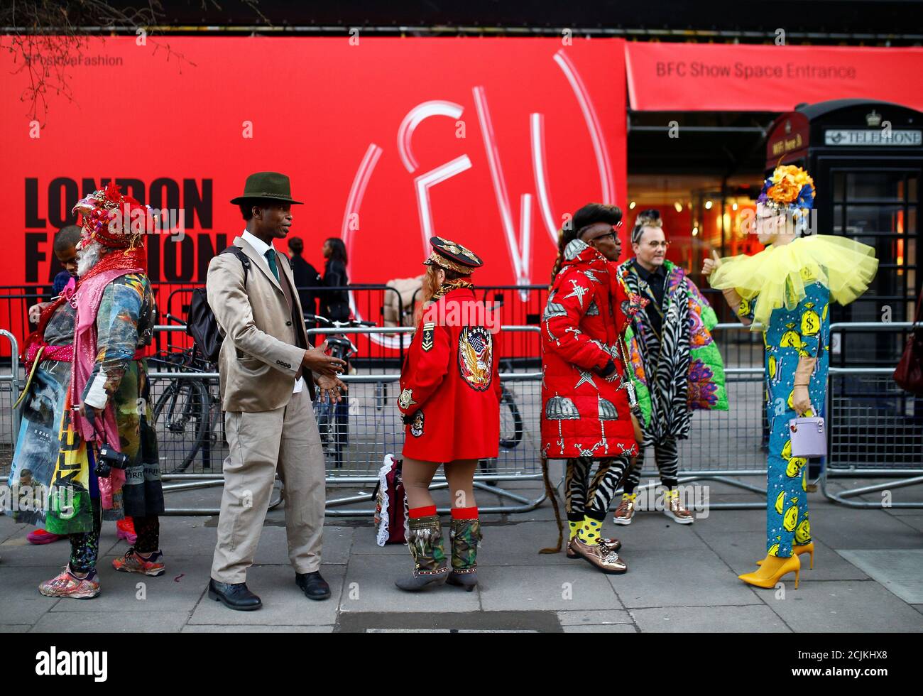 Fashionistas gather outside the BFC Showspace during London Fashion Week Women's A/W19 in London, Britain February 15, 2019. REUTERS/Henry Nicholls Stock Photo
