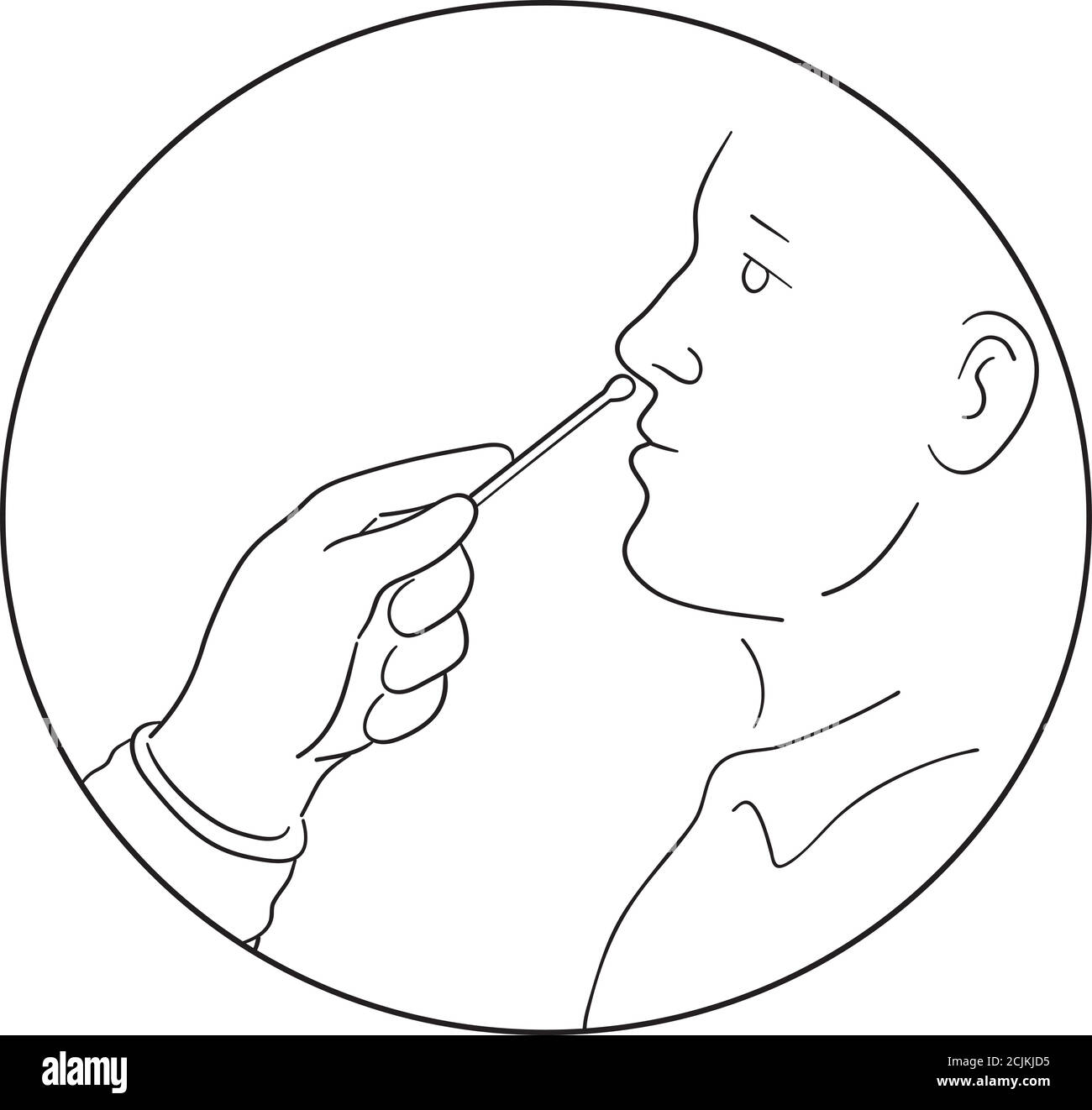 Line drawing illustration of a of hand of medical worker, nurse doctor performing nose, nasal or nasopharyngeal swab test for Covid-19 coronavirus inf Stock Vector