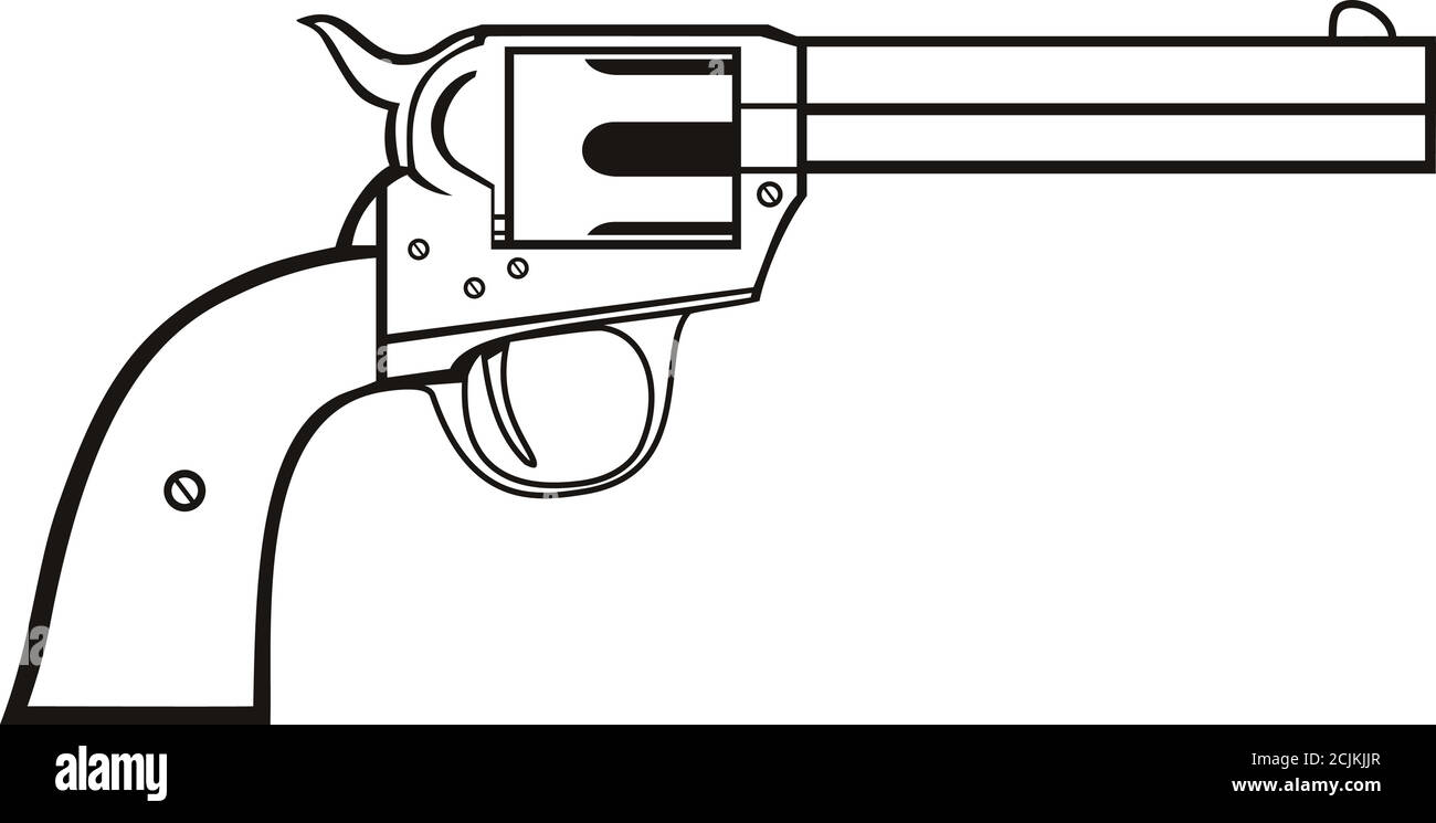 Stencil illustration of colt single action revolver or a wheel gun, a repeating handgun with a revolving cylinder containing multiple chambers and one Stock Vector