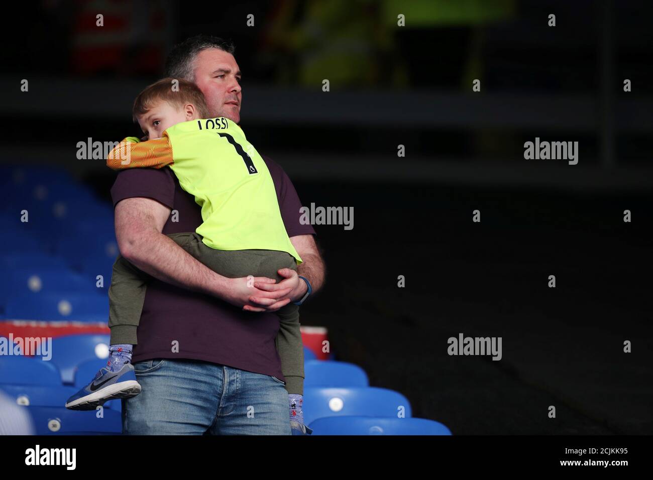 Soccer Football - Premier League - Crystal Palace v Huddersfield Town - Selhurst Park, London, Britain - March 30, 2019 Huddersfield Town fans react after the match as they are relegated from the Premier League REUTERS/Hannah McKay EDITORIAL USE ONLY. No use with unauthorized audio, video, data, fixture lists, club/league logos or "live" services. Online in-match use limited to 75 images, no video emulation. No use in betting, games or single club/league/player publications. Please contact your account representative for further details. TPX IMAGES OF THE DAY Stock Photo