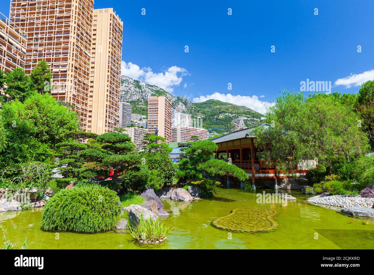 Monte Carlo, Monaco - August 15, 2018: Jardin Japonais de Monaco at sunny day. The Japanese Garden is a municipal park in a city center with free acce Stock Photo