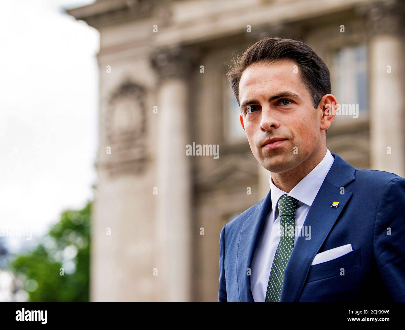 Tom Van Grieken, President of the far-right Flemish separatist party Vlaams  Belang leaves after a meeting with Belgium's King Philippe at the Royal  Palace in Brussels, Belgium May 29, 2019. REUTERS/Piroschka van