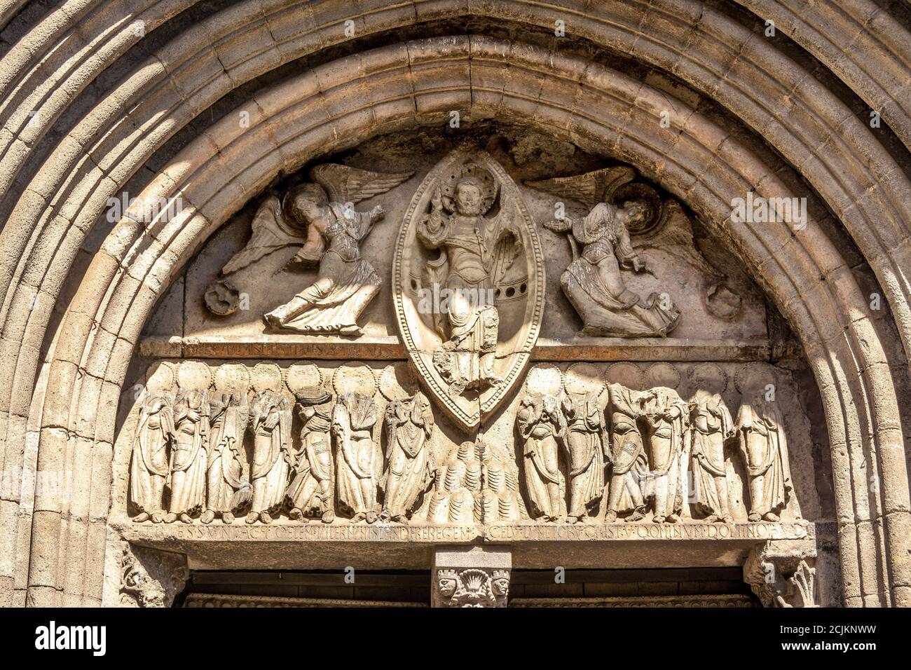 Mauriac, Tympanum of Notre Dame des Miracles, Cantal department, Auvergne Rhone Alpes, France Stock Photo