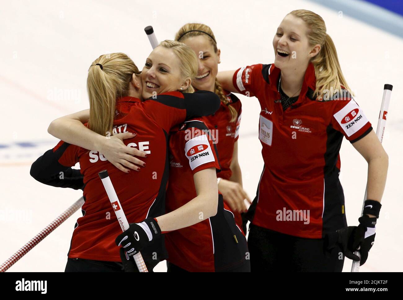 Switzerland Players Alina Paetz Nadine Lehmann Nicole Schwaegli And Marisa Winkelhausen L R Celebrate After Beating Canada After Their Curling Play Off Session 1 Vs 2 Game At The World Women S Curling Championships In