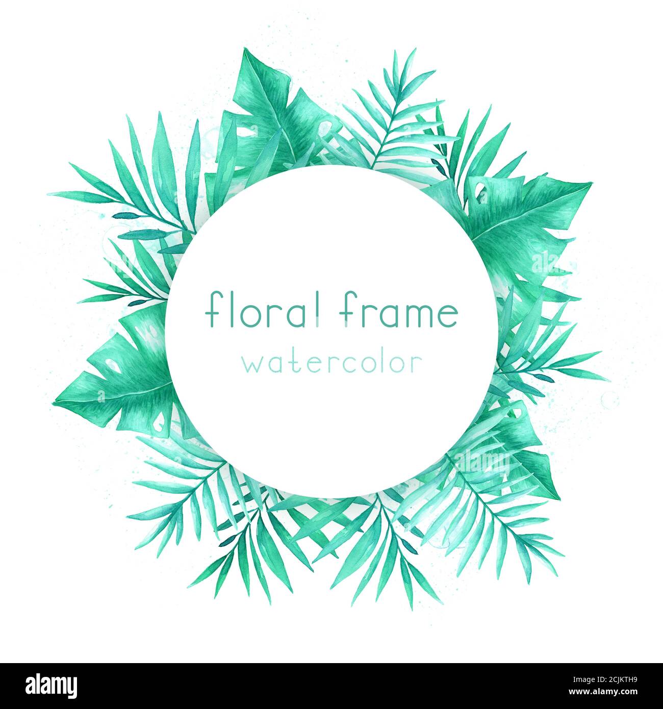 Round frame with watercolor tropical leaves and branches on a white ...