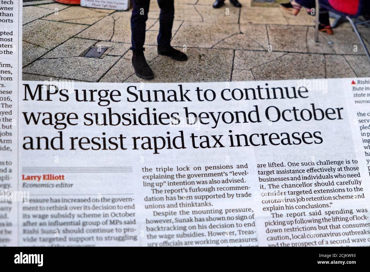 'MP's urge Sunak to continue wage subsidies beyond October and resist rapid tax increases' newspaper headline clipping September 2020 London UK Stock Photo