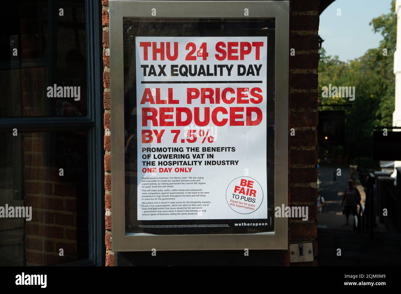 Windsor, Berkshire, UK. 15th September, 2020. Wetherspoons are holding a Tax Equility Day on 24 September and reducing their prices by 7.5% for one day only. The J D Wetherspoon chain of pubs have reported that 61 members of staff have tested positive for Covid-19 since the 4th July 2020 in it's 861 pubs across the UK. Credit: Maureen McLean/Alamy Live News Stock Photo