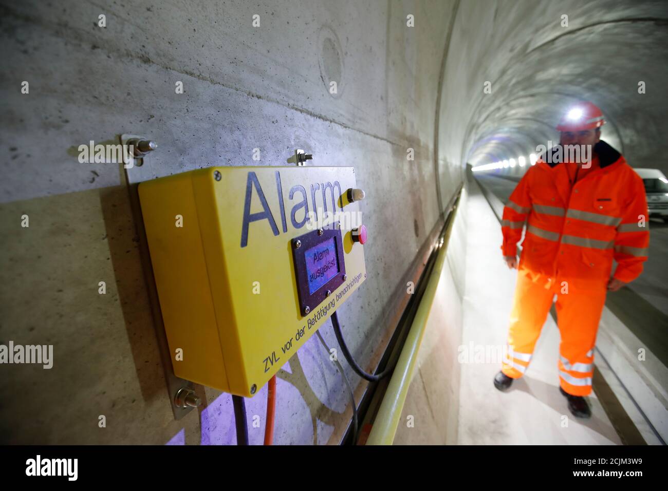 An emergency release box as part of the security system is seen at the  construction site of the new 2.7 kilometres/1.68 miles long dual-track  Boezberg railway tunnel near Schinznach-Dorf, Switzerland April, 1,