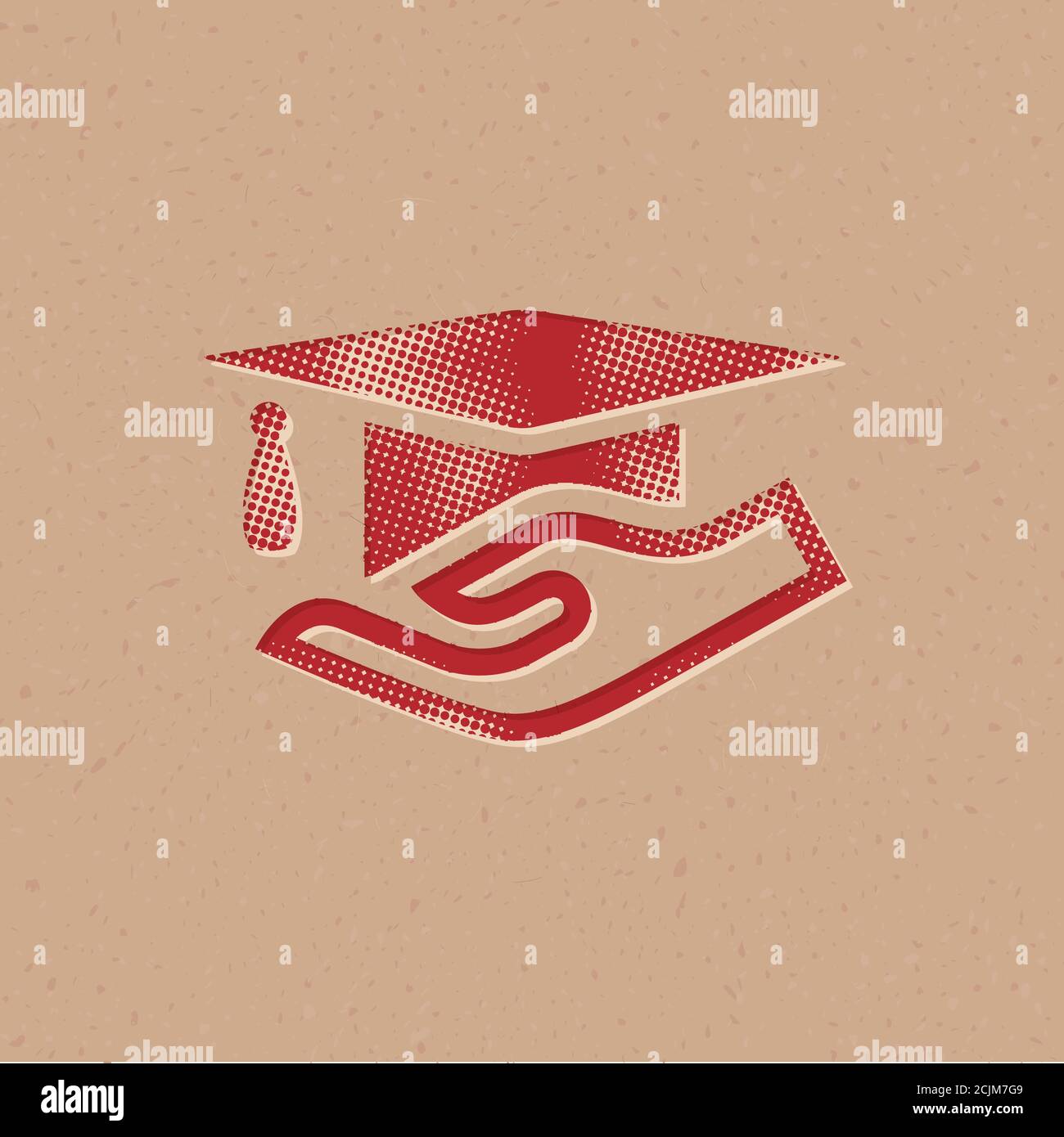 Hand holding diploma icon in halftone style. Grunge background vector ...