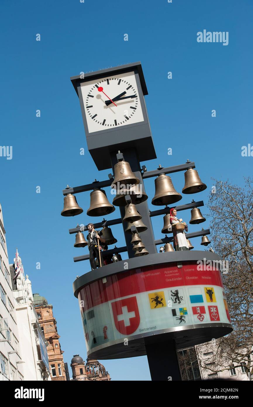 Swiss clock and glockenspiel in Leicester Square, City of Westminster