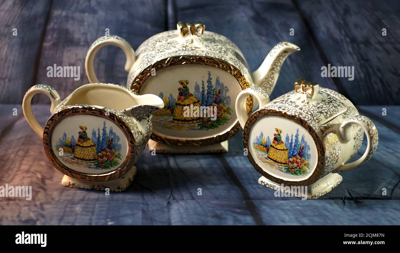 Closeup of a vintage tea-set, crockery in the barrel shape Stock Photo