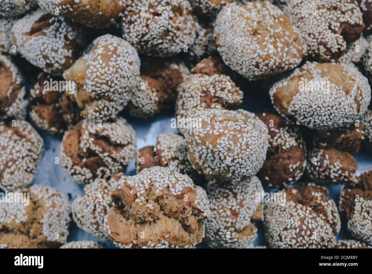 Onde onde, Indonesian Traditional snack. made from wheat flour mixing sticky rice flour and sesame seeds as toping. Stock Photo