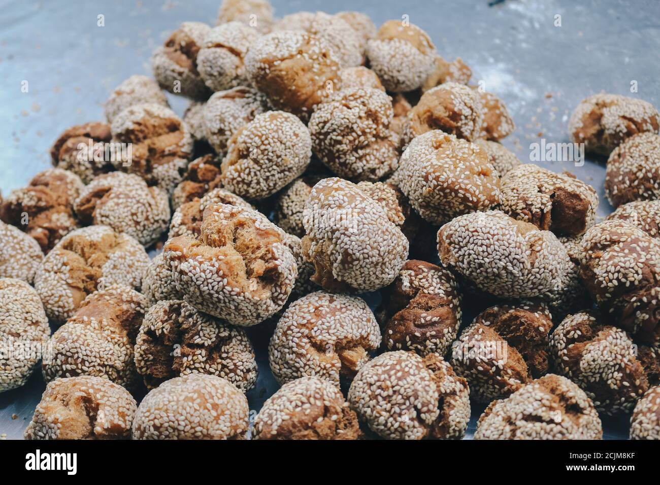 Onde onde, Indonesian Traditional snack. made from wheat flour mixing sticky rice flour and sesame seeds as toping. Stock Photo