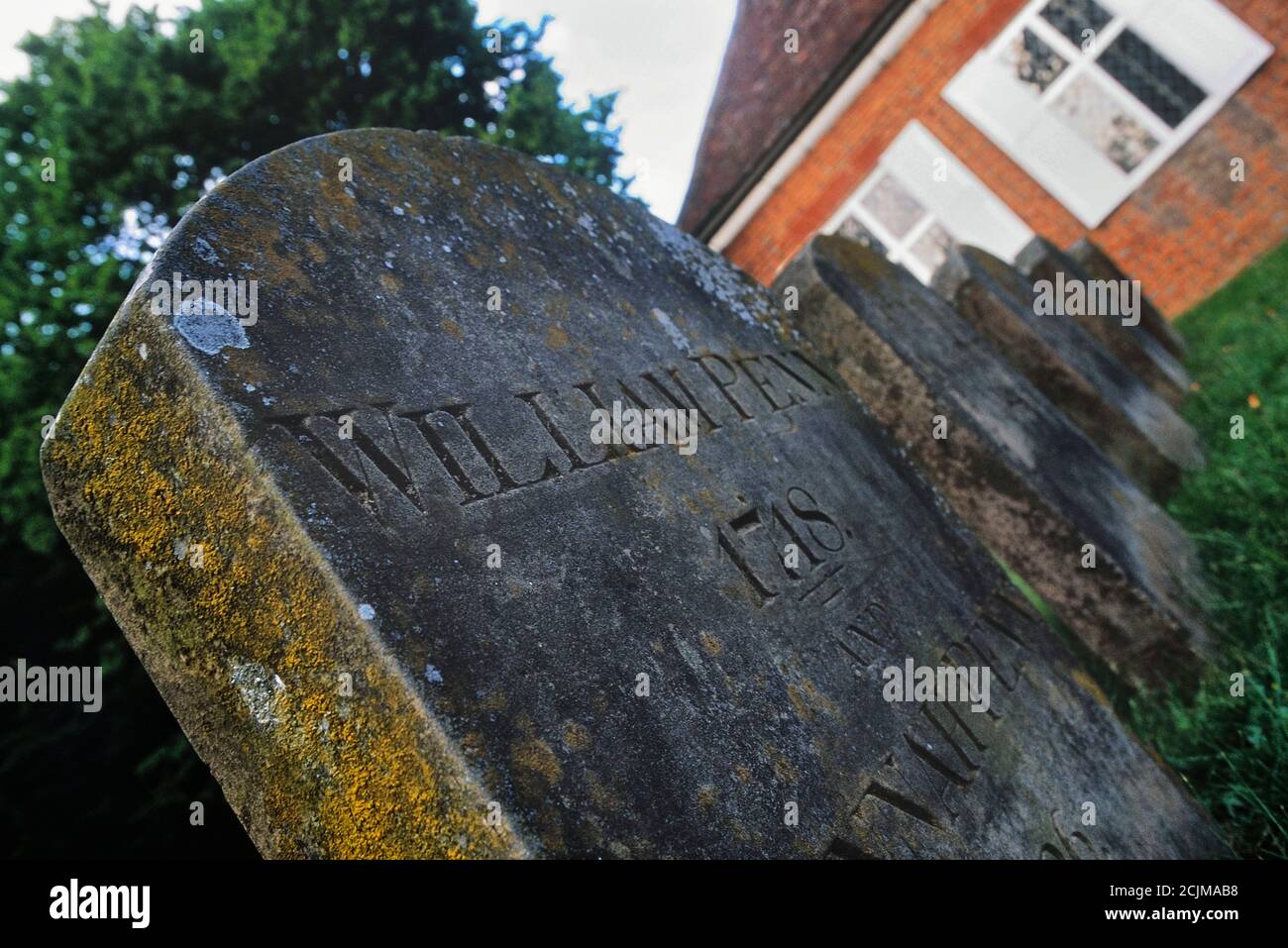 William Penn gravestone. Grave of William Penn, d. 1718 and his wife Hannah, d. 1726. Jordans Meeting House. Best known for establishing the Pennsylvania Colonys. His remains lie in an unassuming grave in the English countryside at the Old Jordans Cemetery near the Quaker town of Jordans in Buckinghamshire, England, UK. Stock Photo