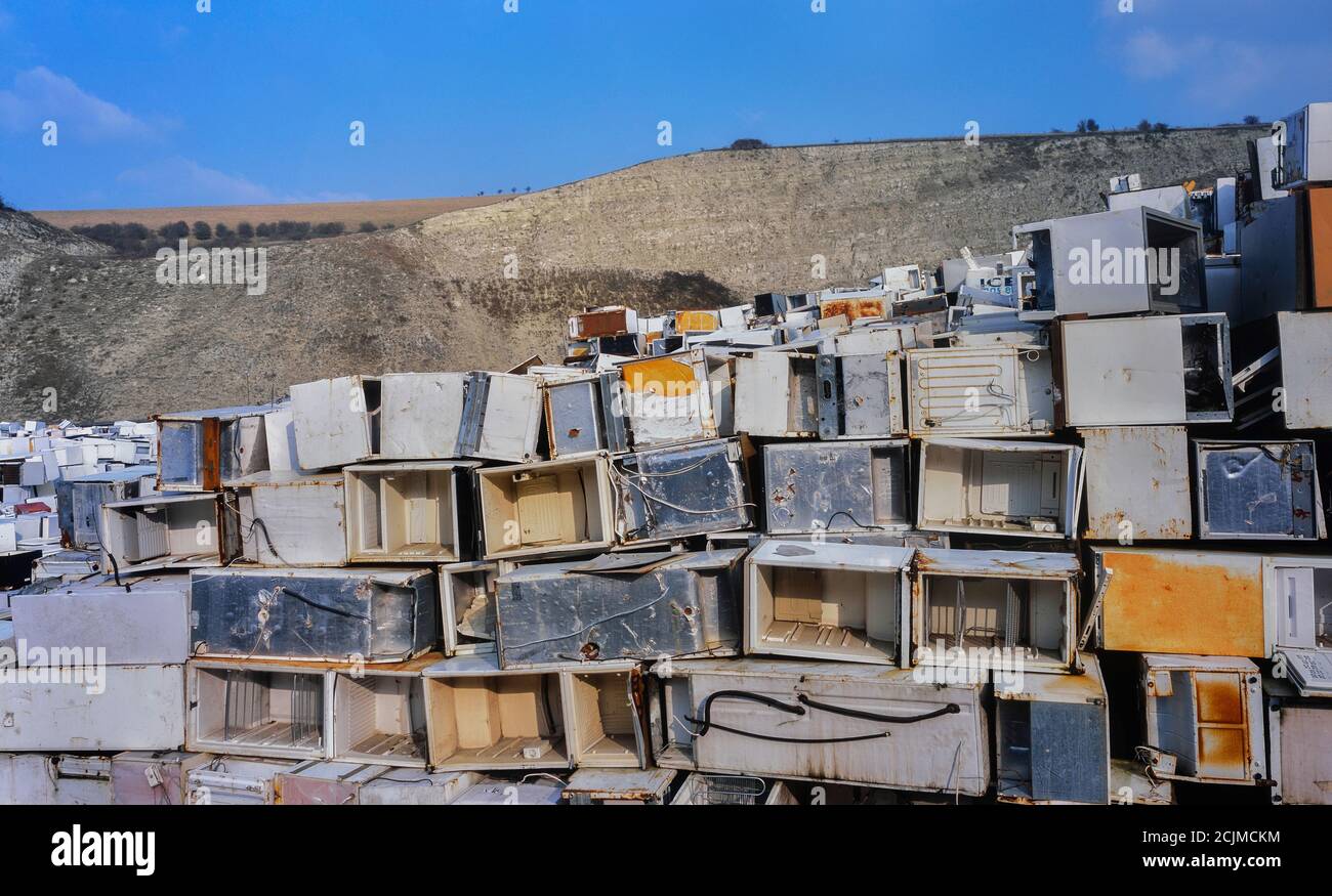 Old refrigerators, fridges await recycling at the temporary storage site of Greystone Quarry, Southerham Pit near Lewes, East Sussex, England UK. 2003 Stock Photo