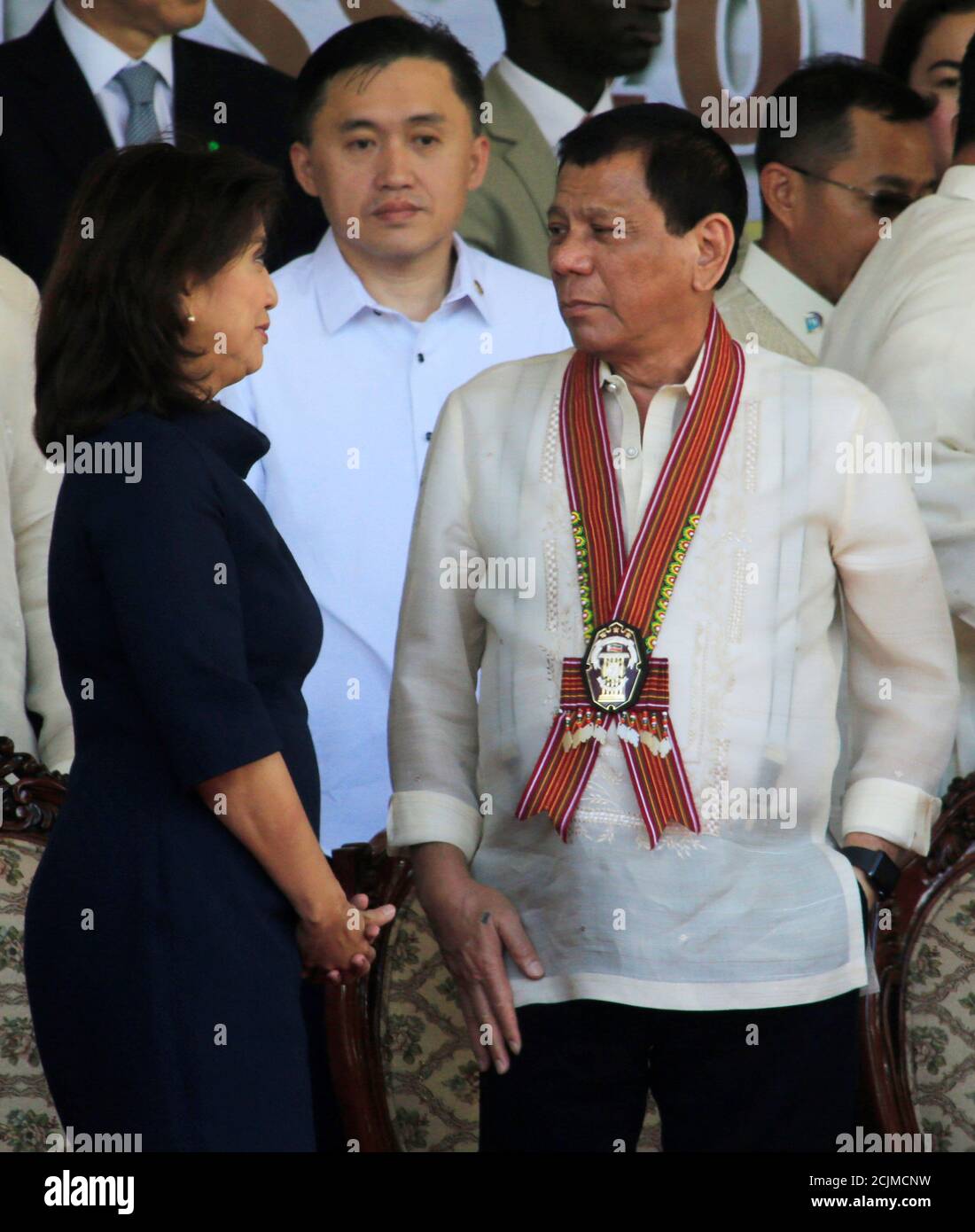 President Rodrigo Duterte Talks To Vice President Leni Robredo As He Arrives To Attend The Philippine National Police Academy Pnpa Graduation Ceremony In Camp Castaneda Silang Town In Cavite City South Of Manila