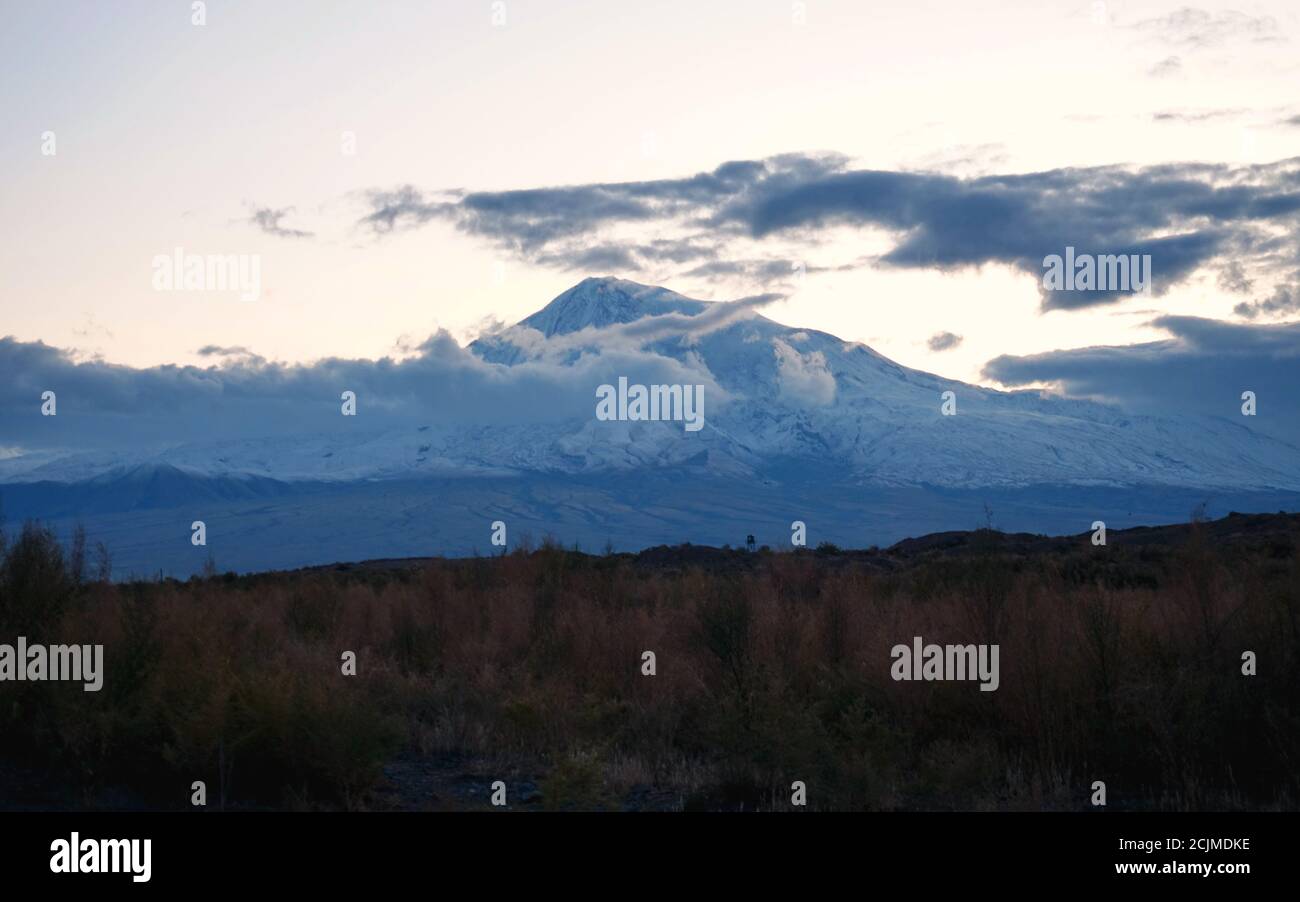 Mount Ararat in Armenia, blue sky no clouds, clear picture from the border to Turkey in the morning Stock Photo