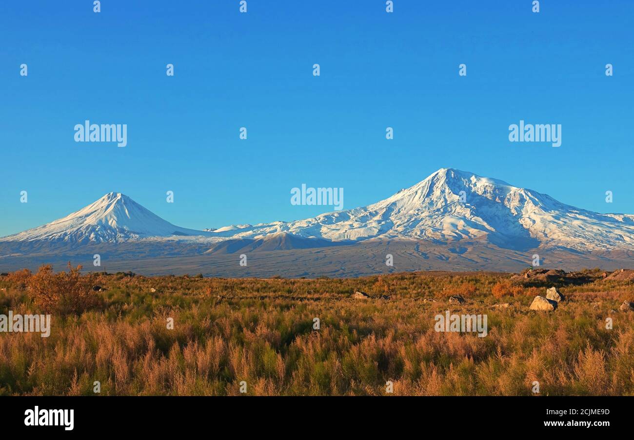Mount Ararat in Armenia, blue sky no clouds, clear picture from the border to Turkey Stock Photo
