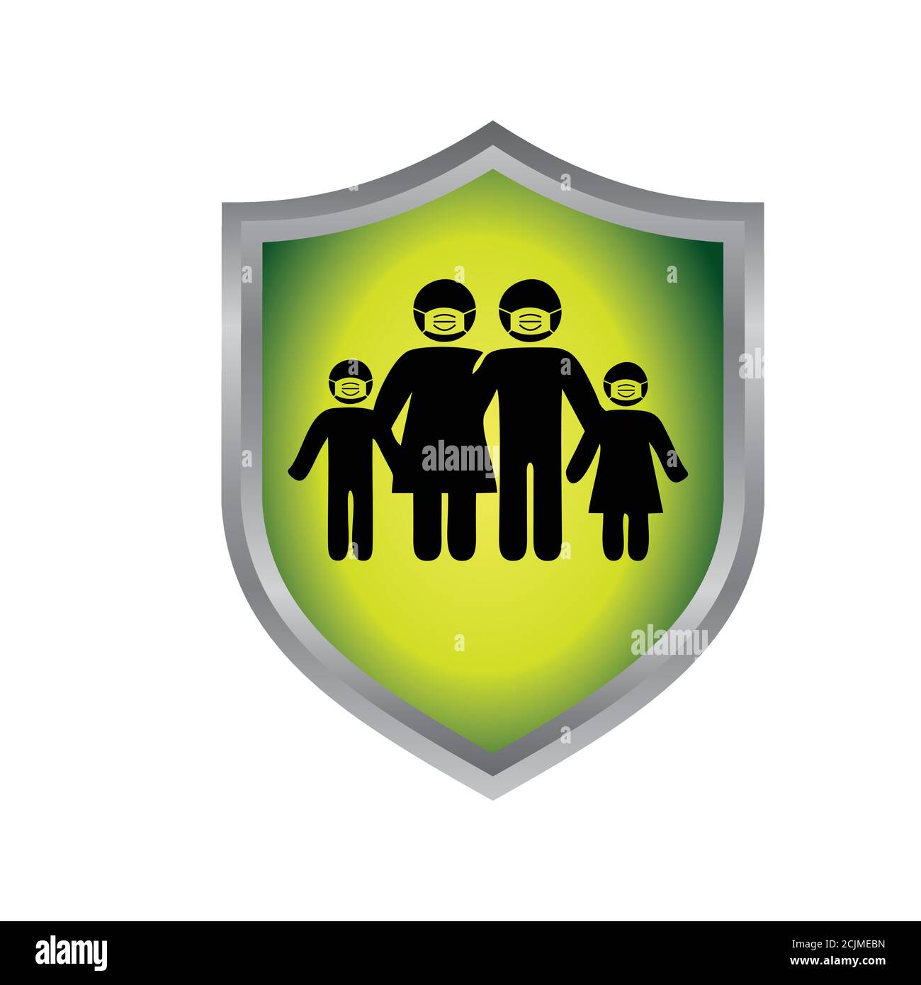 A silver shield with family wearing medical mouth mask icon inside Stock Vector
