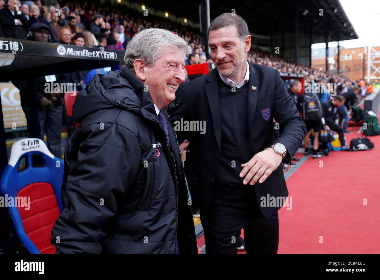 Soccer Football - Premier League - Crystal Palace vs West Ham United - Selhurst Park, London, Britain - October 28, 2017   Crystal Palace manager Roy Hodgson and West Ham United manager Slaven Bilic    REUTERS/Eddie Keogh    EDITORIAL USE ONLY. No use with unauthorized audio, video, data, fixture lists, club/league logos or 'live' services. Online in-match use limited to 75 images, no video emulation. No use in betting, games or single club/league/player publications. Please contact your account representative for further details.? Stock Photo