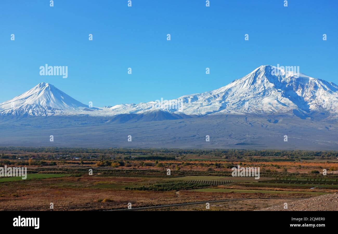 Mount Ararat in Armenia, blue sky no clouds, clear picture from the border to Turkey Stock Photo