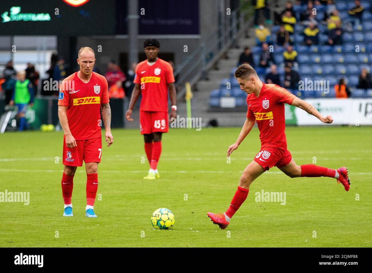 Broendby, Denmark. 13th, September 2020. Magnus Kofoed (8) of FC Nordsjaelland seen taking a freekick during the 3F Superliga match between Broendby IF and FC Nordsjaelland at Broendby Stadion in Broendby. (Photo credit: Gonzales Photo - Dejan Obretkovic). Stock Photo