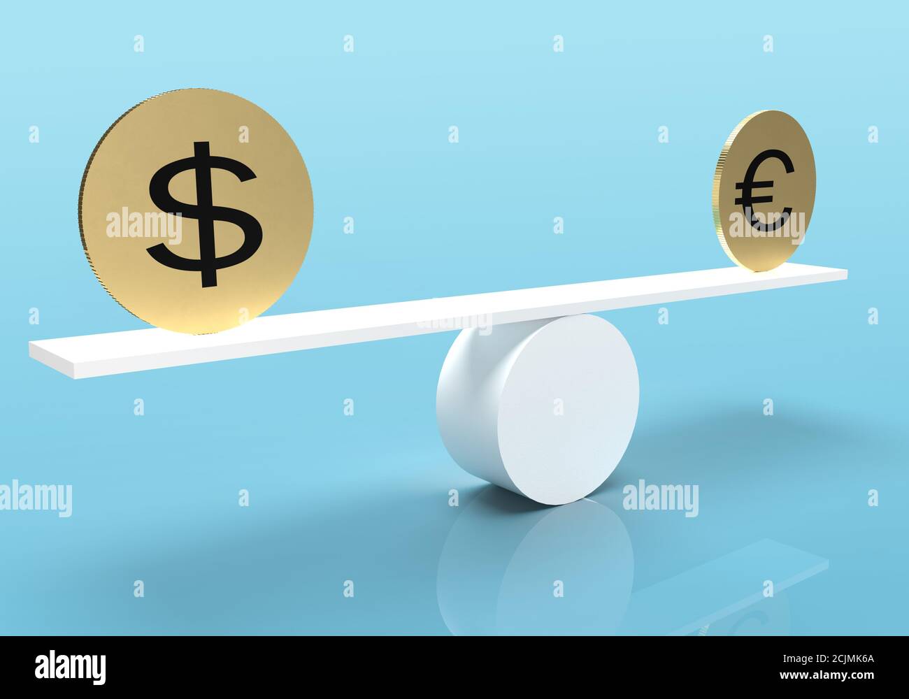 Dollar and euro gold coins on balance scale Concept of equal balance