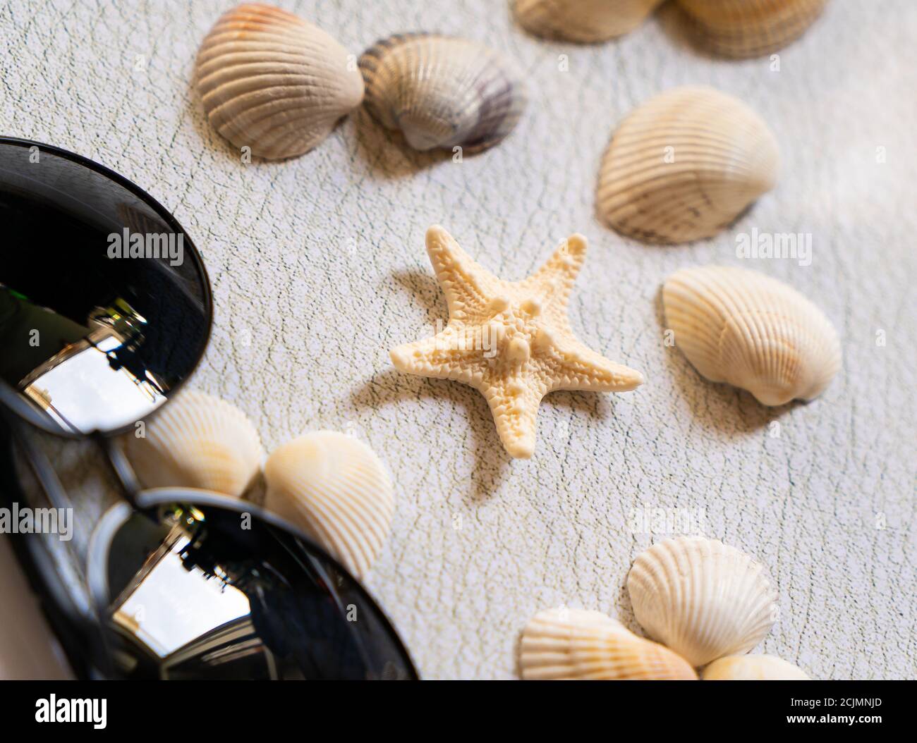 Sea, shells and glasses, sea star beach vacation Stock Photo