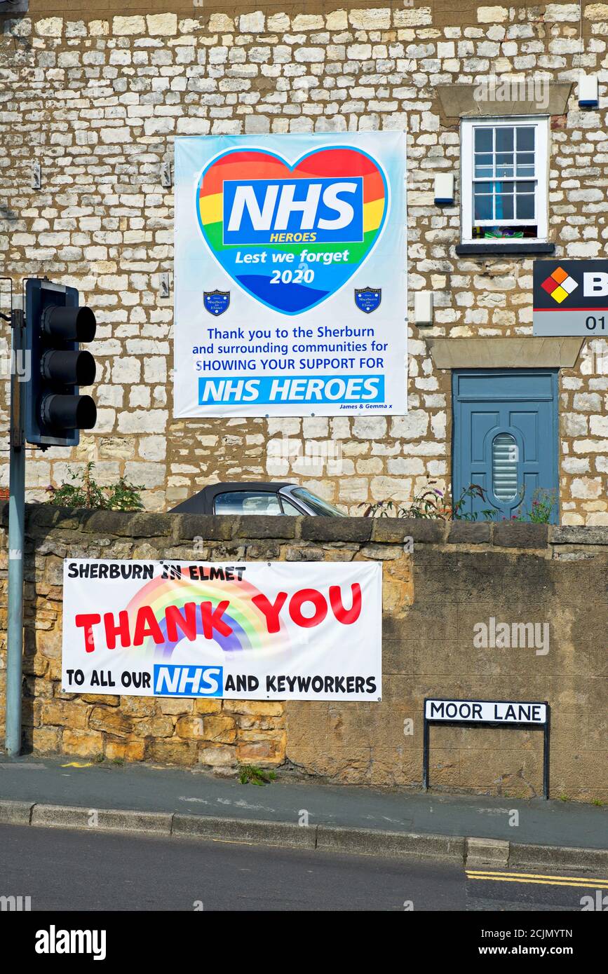 Banners thanking keyworkers in the NHS for their efforts with coronavirus patients, England UK Stock Photo