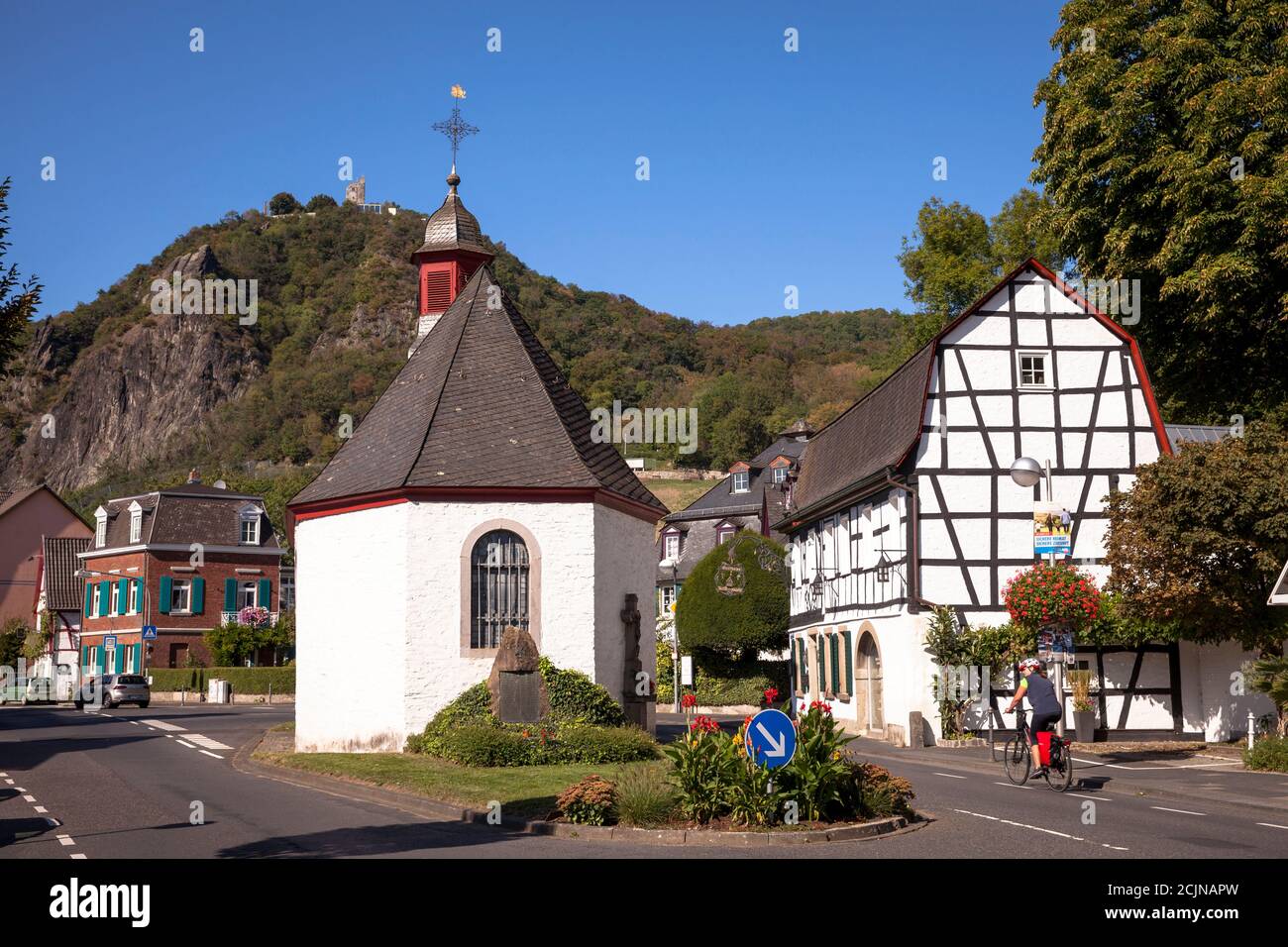 Chapel of Our Lady in Bad Honnef-Rhoendorf on the river Rhine, view to the Drachenfels hill, North Rhine-Westphalia, Germany.  Marienkapelle in Bad Ho Stock Photo