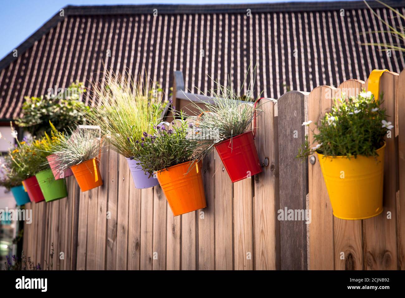 wooden fence with colorful pots with flowers and herbs in Bad Honnef-Rhoendorf on the Rhine, North Rhine-Westphalia, Germany.  Holzzaun mit bunten Toe Stock Photo