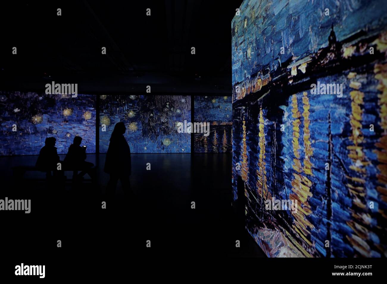 Visitors look at a projection of details of Vincent Van Gogh's painting  "Starry Night Over the Rhone" at the "Van Gogh Alive" exhibition in Athens,  Greece, November 10, 2017. Picture taken November