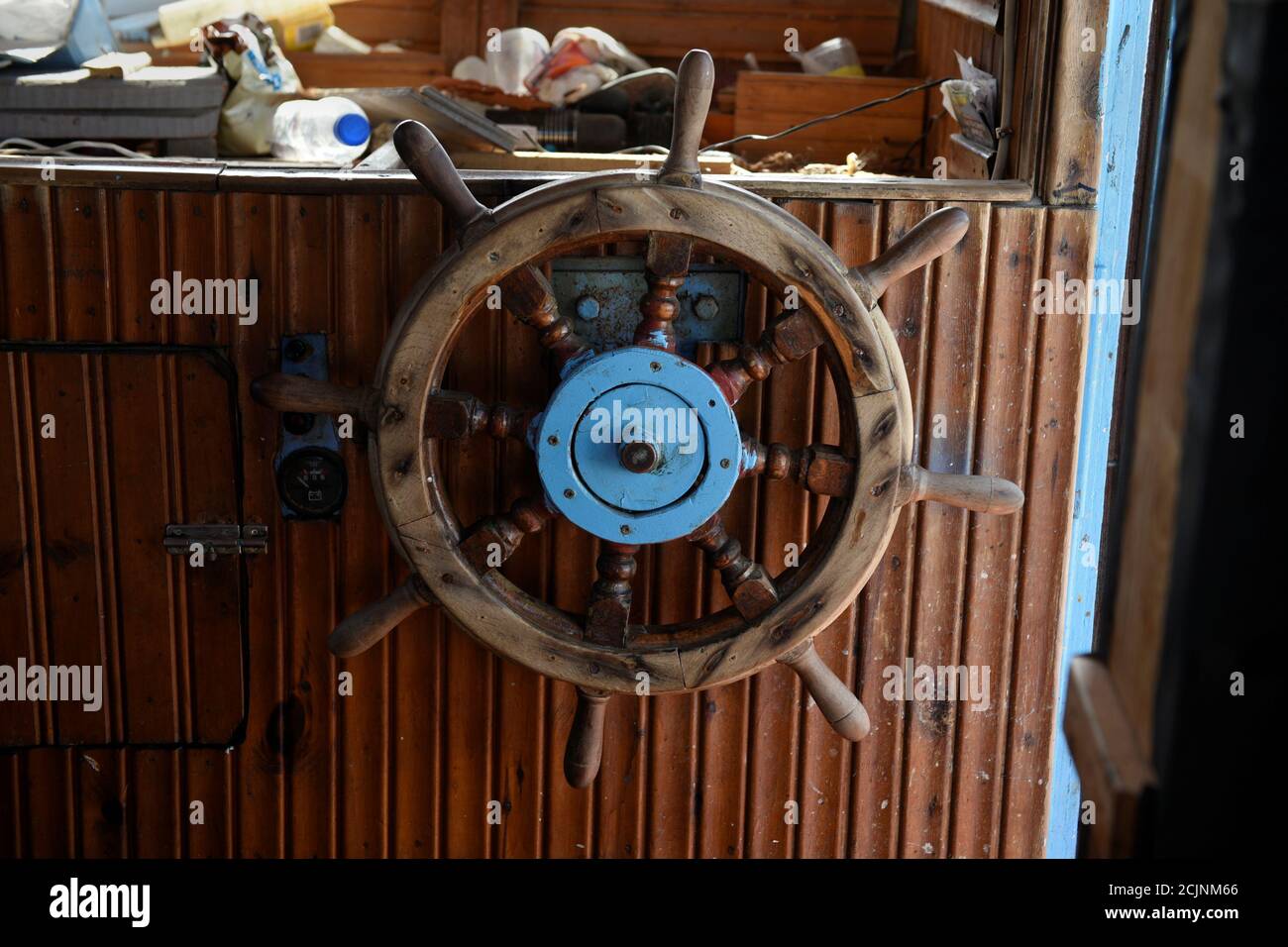 The steering wheel of Ioannis Loukakis' fishing boat 