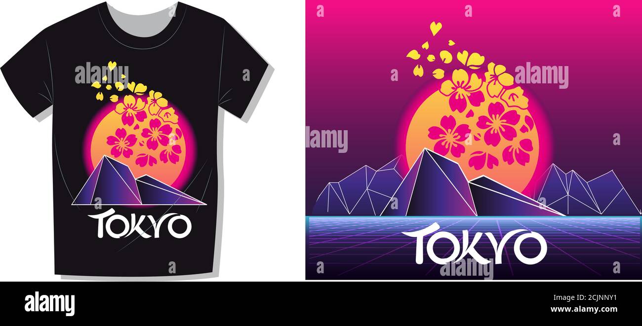 Aesthetic Vaporwave T-shirt Print Template with Sun and Mountains: 90s ...