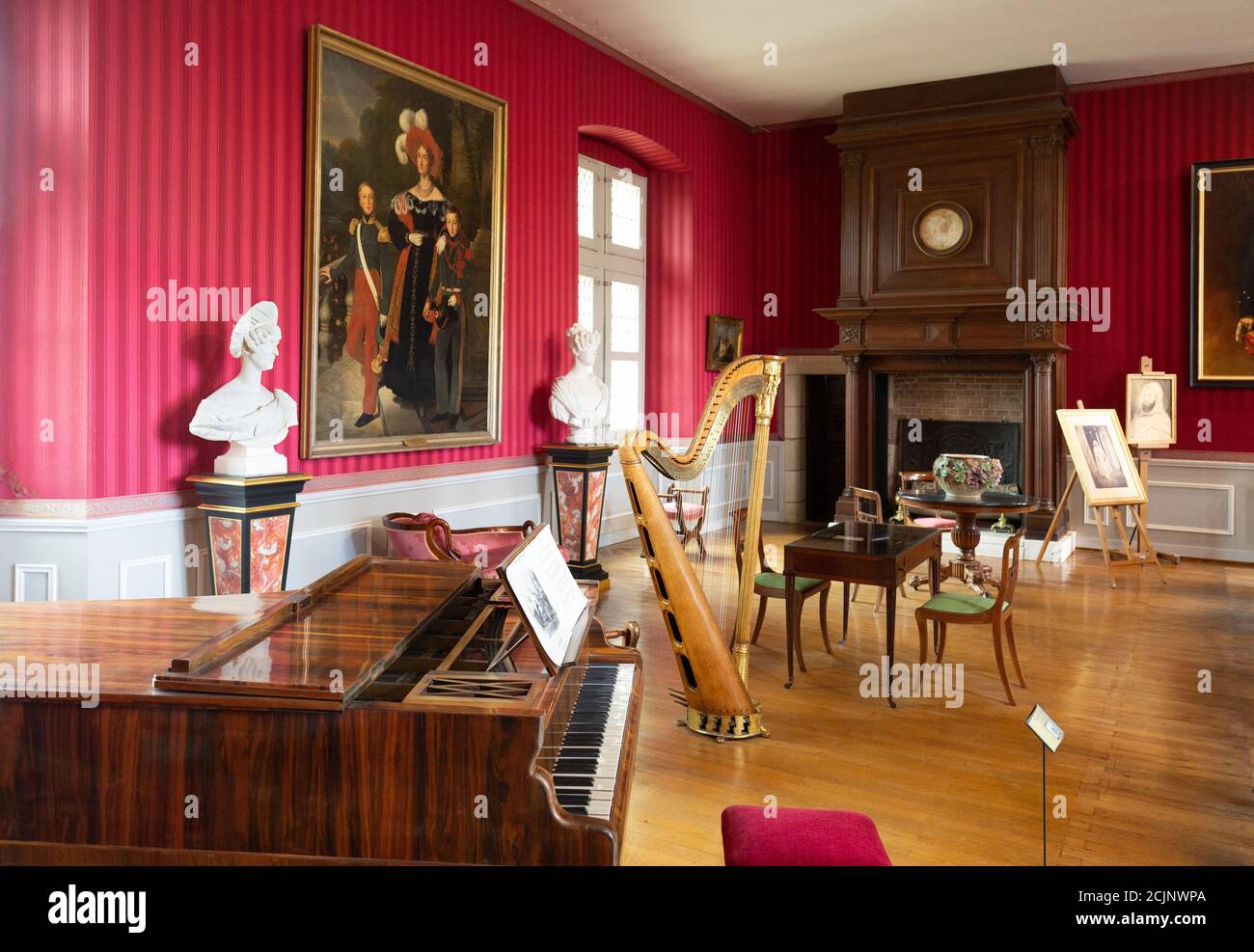 Chateau D'Amboise interior room; the ornate Orleans Music room and musical instruments; Chateau D'Amboise, Amboise France Europe Stock Photo