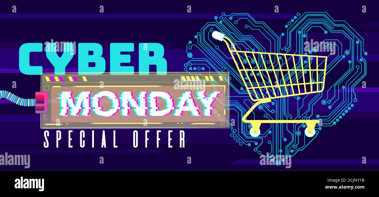 Cyber Monday background with glitch effect. Promo sale horizontal banner design. Abstract vector illustration with geometric shape. virtual shopping c Stock Vector