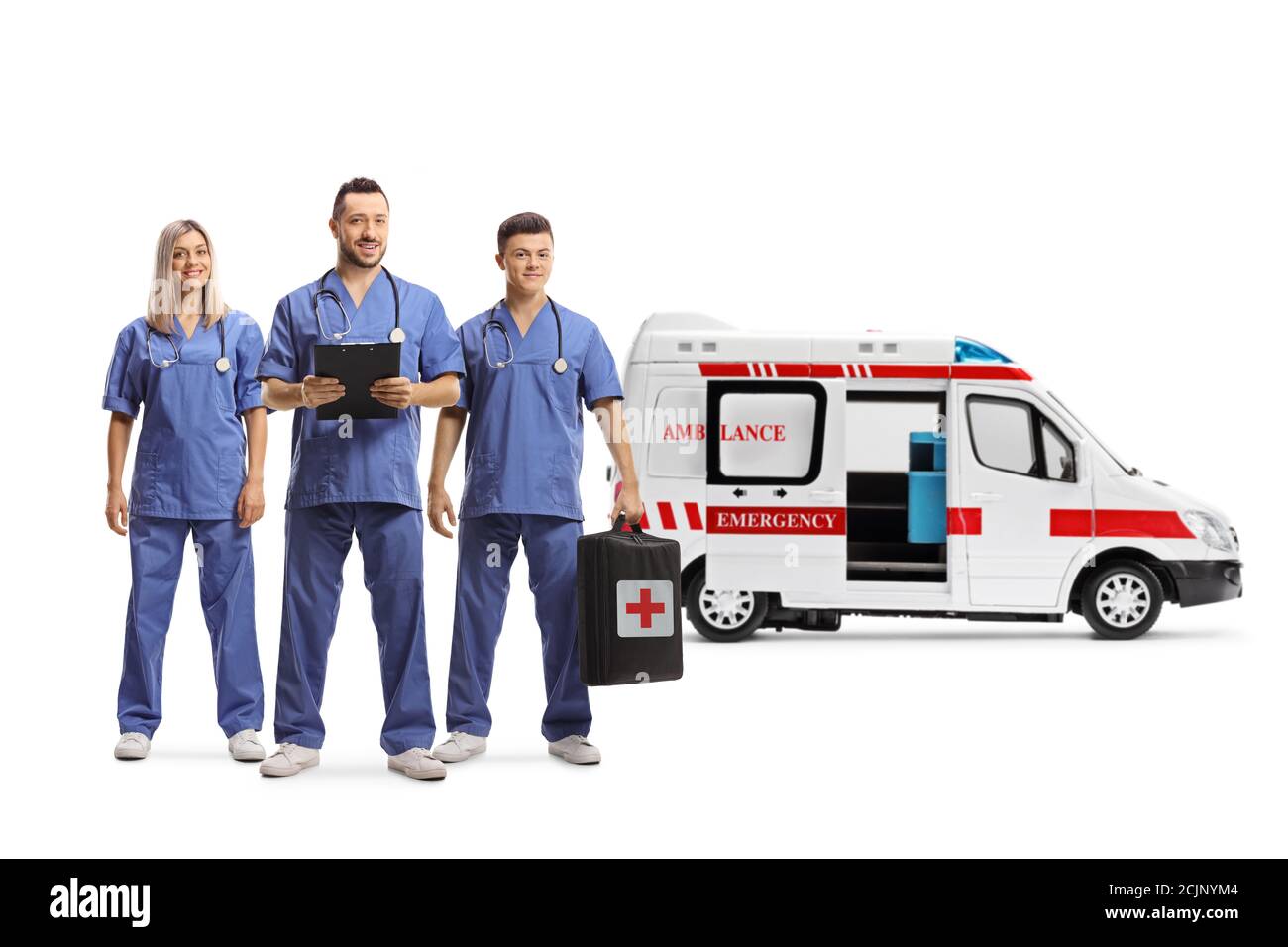 Team of medical workers in blue uniforms with an ambulance van carrying a first aid kit isolated on white background Stock Photo