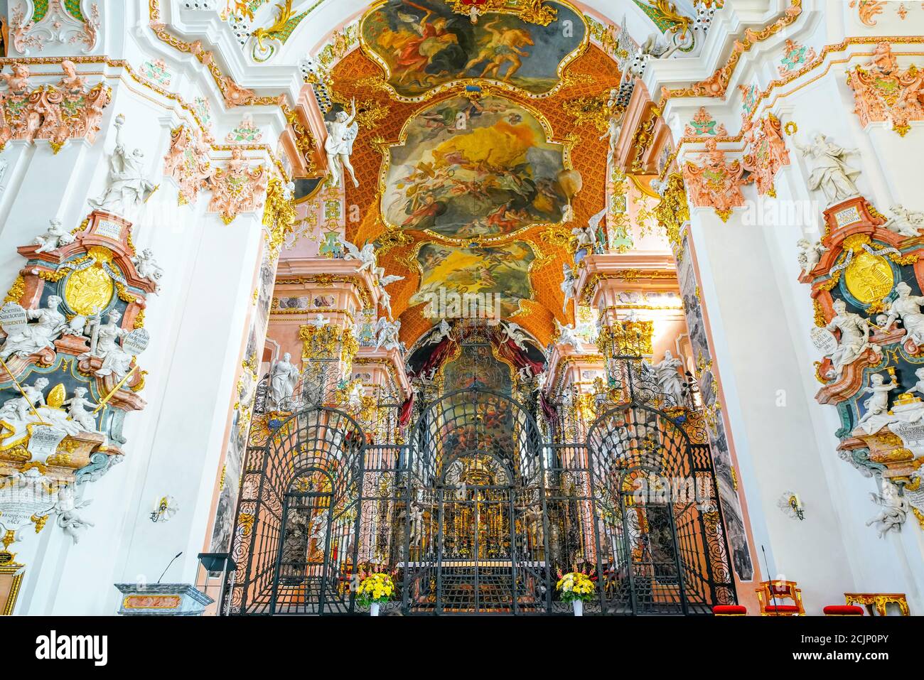 Details of the ceiling paintings in famous Benedictine Abbey of Our Lady of the Hermits in Pilgrimage Town of Einsiedeln (city’s name-means hermitage) Stock Photo