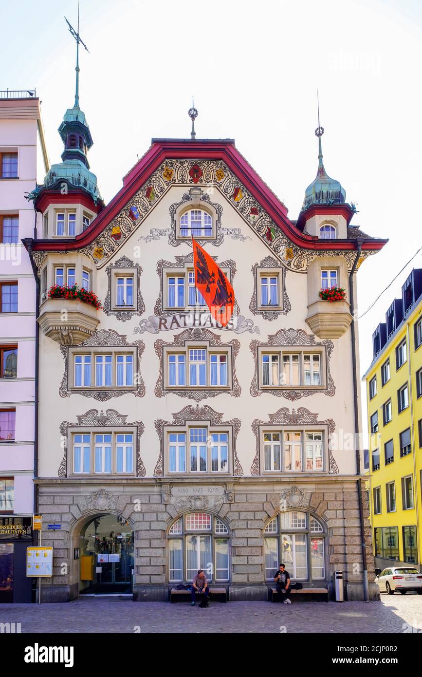 Town hall (Rathaus) in Einsiedeln, in Pilgrimage Town of Einsiedeln (city’s name-means hermitage), canton of Schwyz. Switzerland. Stock Photo